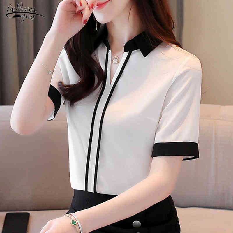 Chemise en mousseline de soie femme de style coréen à manches courtes et à manches courtes couleurs et chemisier pull décontracté 9500 50 210508