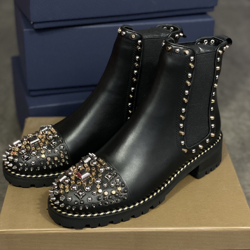 

2021 Women Red Bottom Boots Flat Ankle Boots Flat Leather Calfskin Boot Luxury Party Shoes 1, Black