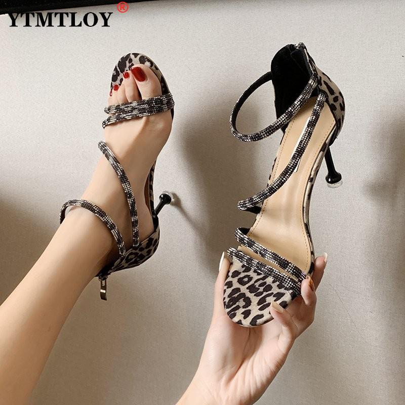 

Sandals Women Summer Fashion Women's 2021 Rhinestone Sexy Thin Heels Leopard Open Toe Female Shoes, Black