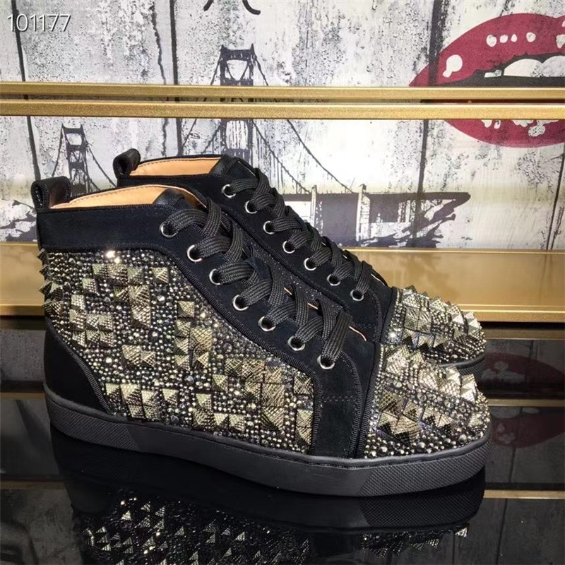 

Designers Shoes Red Bottom Sneakers Comfortable High Cut Suede Spikes Diamond Trainers For Shoe Men Women Party Wedding Genuine Leather Loafers With Box And Dust Bag, 28