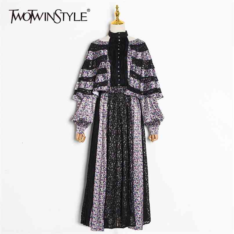 

Patchwork Lace Printed Dress Female Long Bat Sleeve up Midi Dresses Women Fashion Clothes Spring 210520, Black