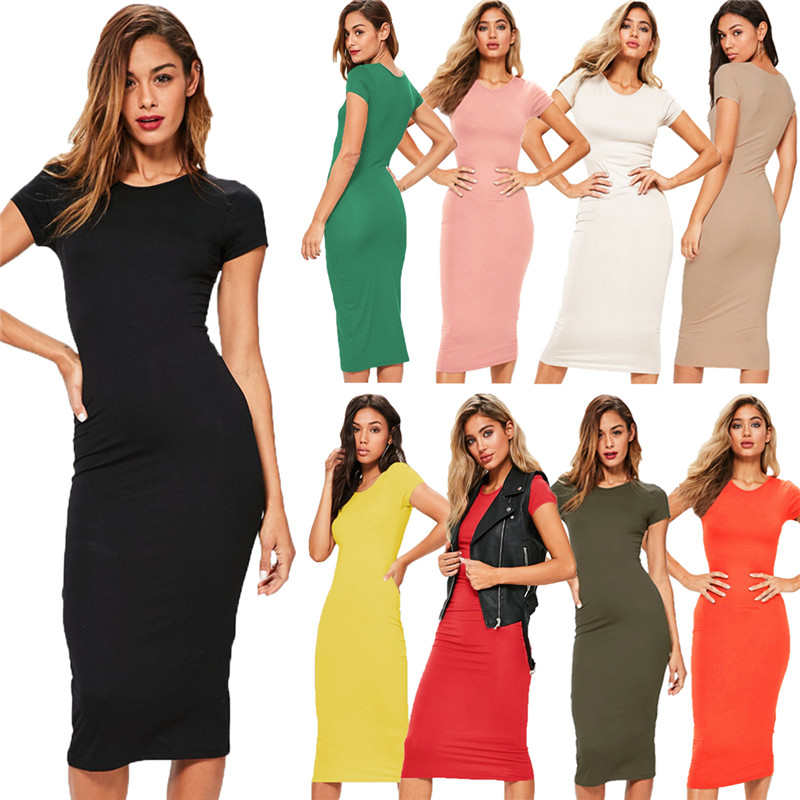 

Cotton Long Spring Dress Fashion Solid O-Neck Short Sleeve Office Lady Summer Dress Plus Size Casual Pencil Vestidos Party Robe, Yellow