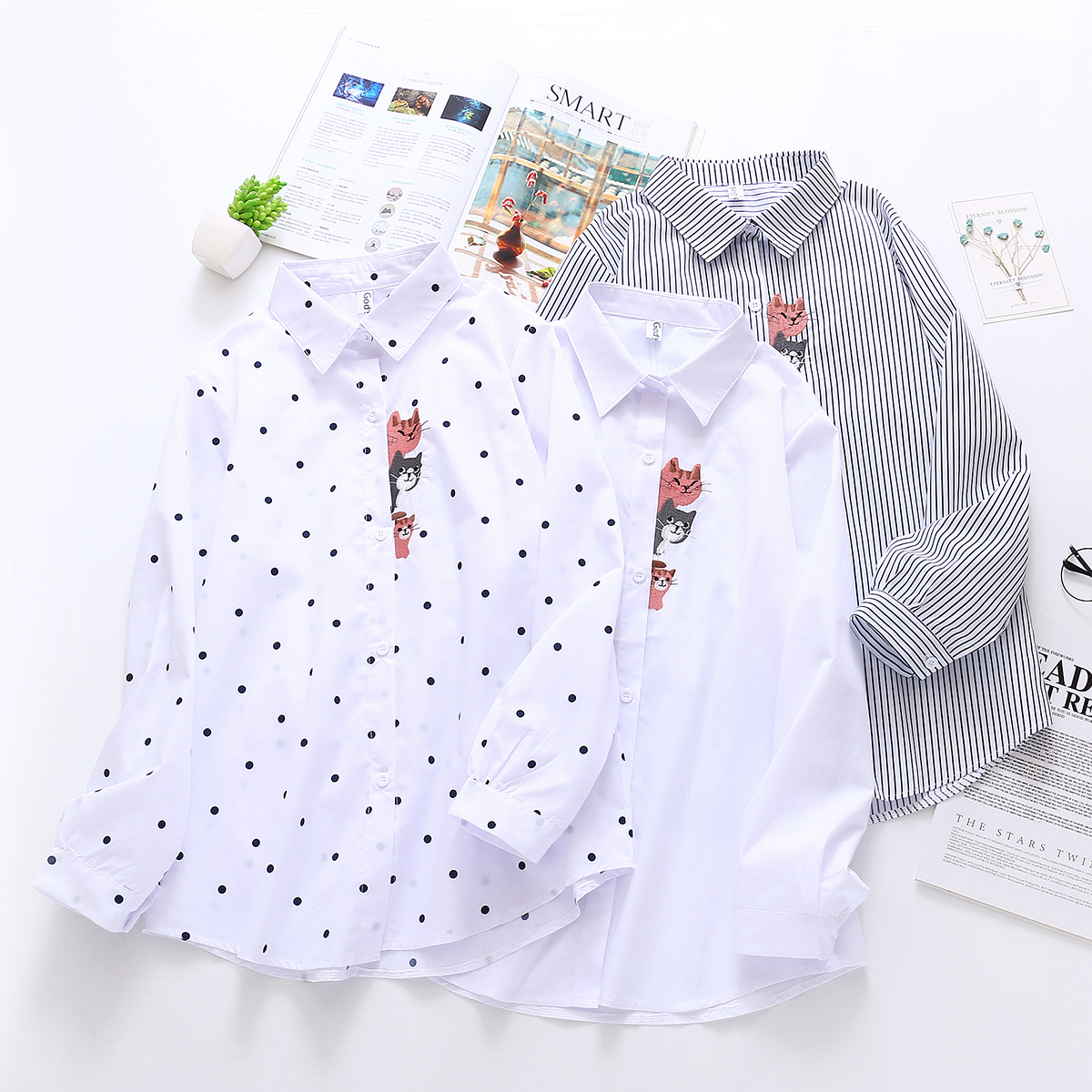 

2021 New Women Floral Embroidery Long Sleeve White Striped Shirt Button Up Blouse Turn Down Collar Tops Feminina Blusas T9D627T