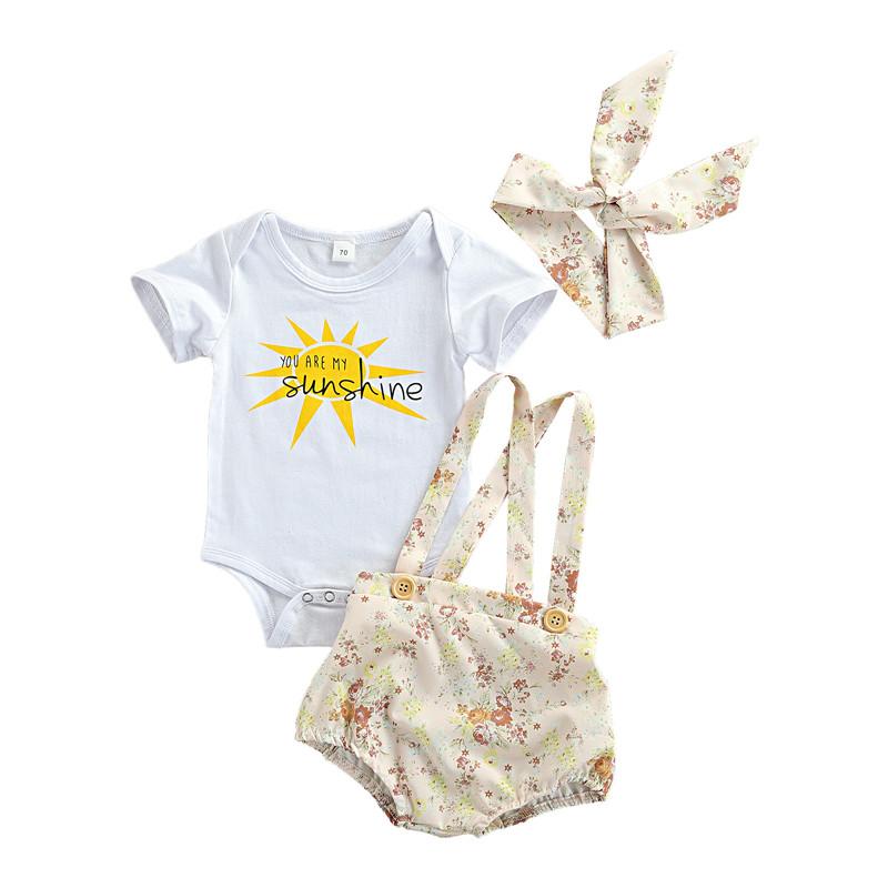 

Clothing Sets Baby Summer Toddler Born Infant Boy Girls Sun Letter Print Short Sleeve Rompers+Floral Suspender Shorts Outfits, White