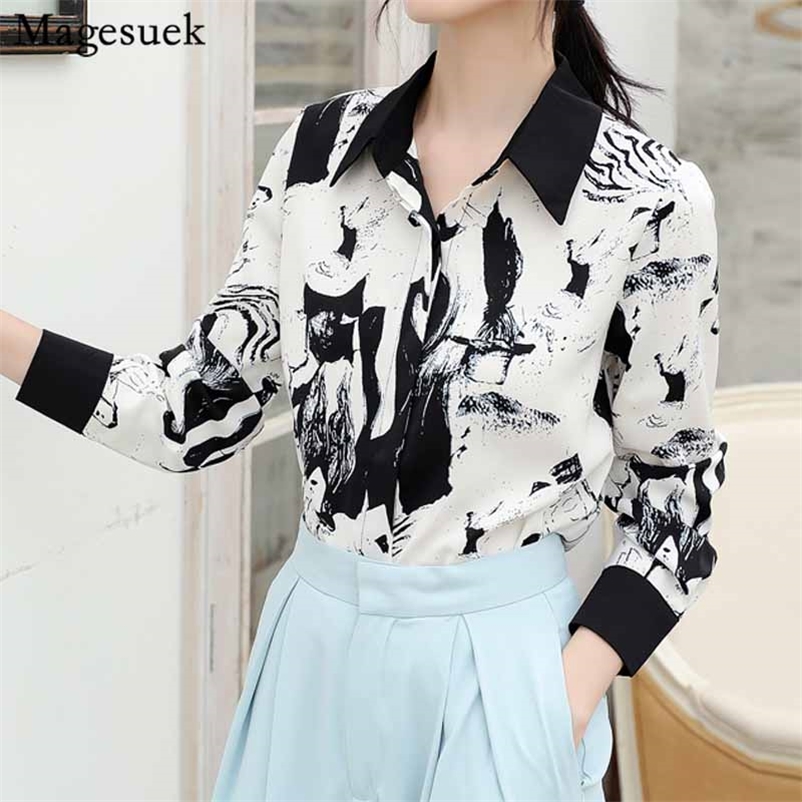 

Black and White Color Print Vintage Ink Flower Shirt Women Long Sleeve Fashion Loose Blouse Blusas Mujer De Moda 11460 210518, As shown in figure