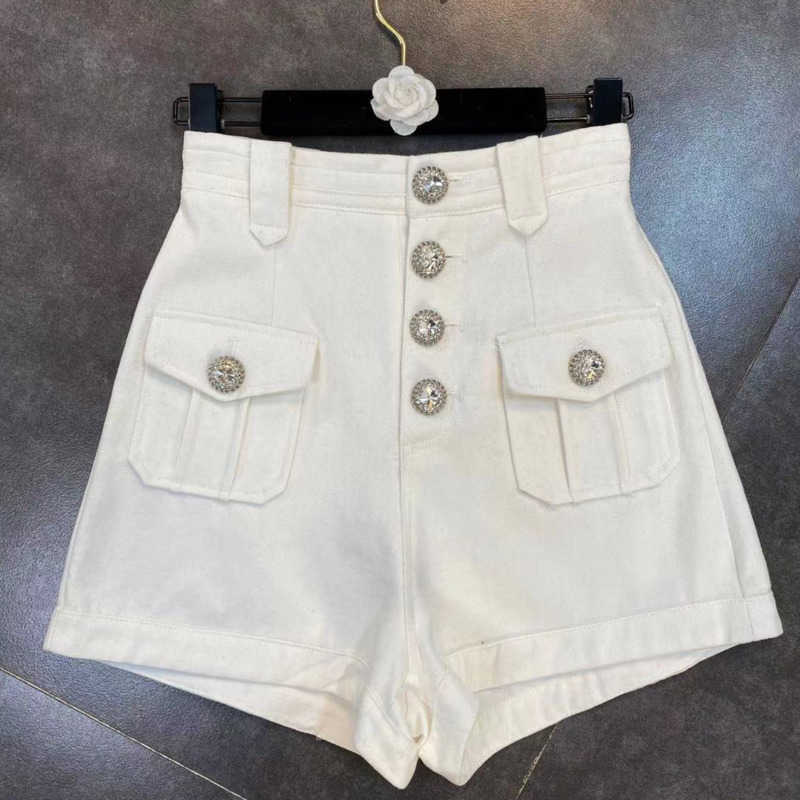 

DEAT Spring Arrivals Diamonds Buttons High Waist Slim Casual Shorts Women ML570 210611, White