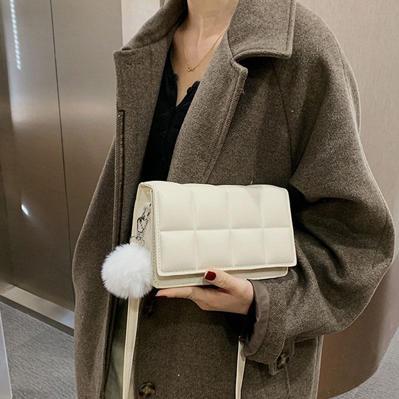 

Evening Bags 2021 Women Casual Soft Leather Hasp Crossbody Solid Color Sewing Shoulder Ladies Furry Ball Small Purse