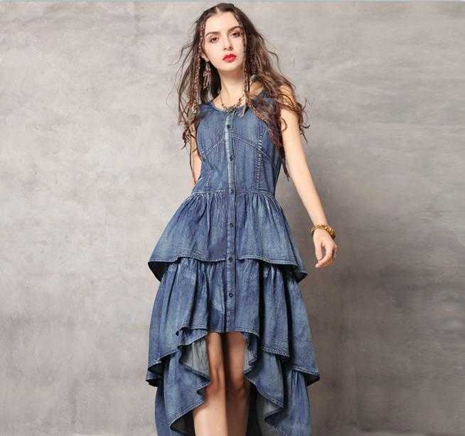Casual Dresses Womens Vintage Ruffed Jeans Irregular Long For Female Sleeveless Fashion Maxi Denim Vestidos J2951 VFDJ-image-704891781