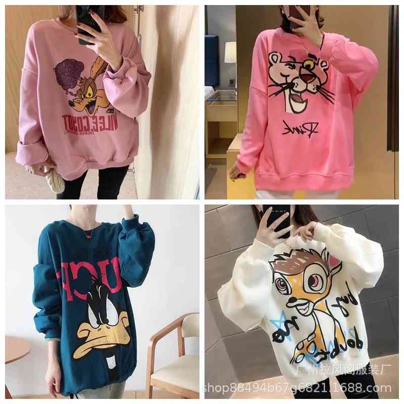 

2021 autumn Korean women's new loose hooded sweater fleece fake two-piece round neck top, Black