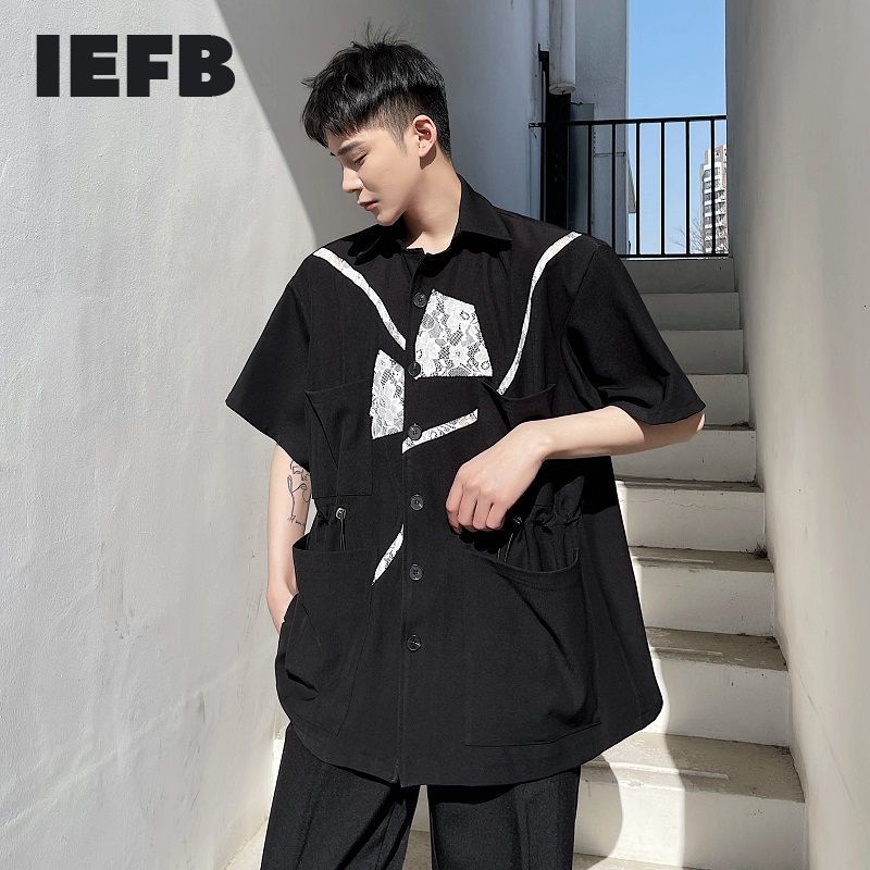 

IEFB Japanese Style Short Sleeve Shirts For Men Personality Irregular Lace Stitching Black Tops Causal Fashion 9Y6835 210524