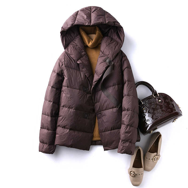 

Winter Ultra Light Duck Down Jacket Women Hooded Single Breasted Short White Coat Female Warm Puffer Outwear 210602, Brown