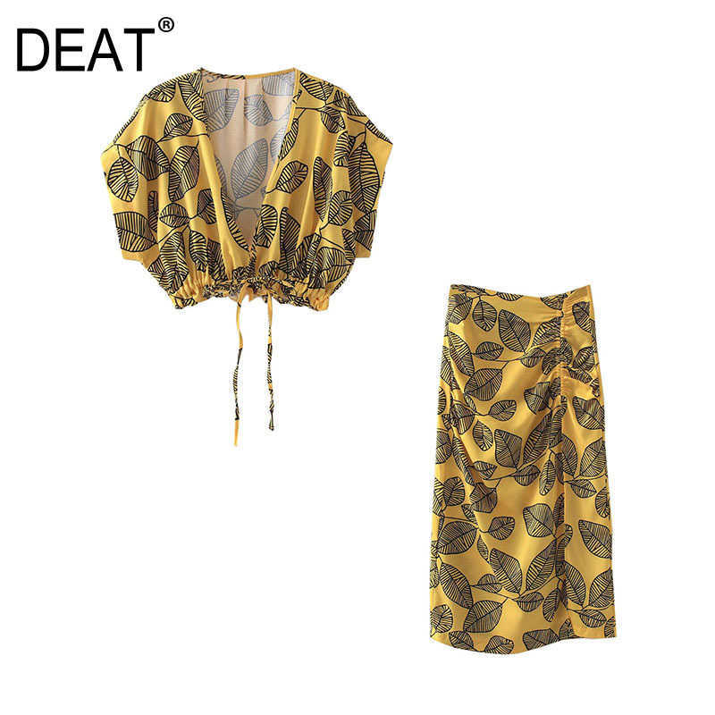 

[DEAT] Women Summer Fashion Sleevelss V-neck Printing Tops High Waist Split Fork Skirts Two-piece Suit 13Q438 210527, Top