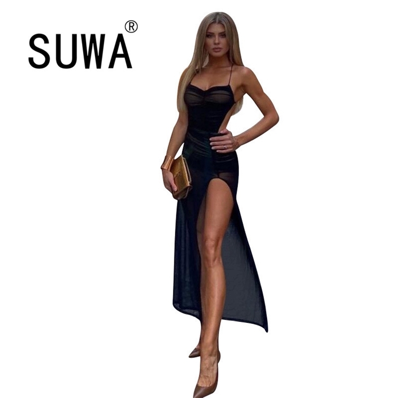 

All Black Dress Women Prairie Chicken Spaghetti Straps Backless Chest Draped Lace Up Side Split Sexy Long Dresses Free 210525