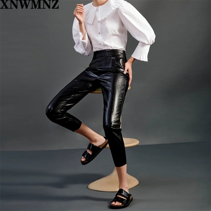 

women faux leather skinny fit trousers black High-waist with invisible side zip fastening 210520