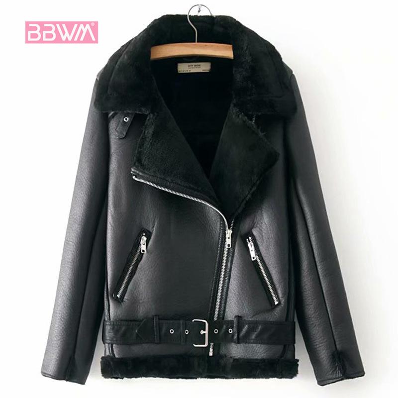 

Women's Leather & Faux Motorcycle Women Autumn And Winter Korean BF Wind Imitation Lamb PU Jacket, Black
