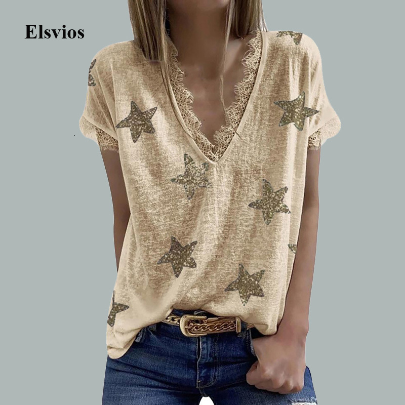

Women's Blouses & Shirts Fashion Casual Star Print Women Tops 2021 Retro Summer Short Sleeve Loose Pullover Blusa Sexy V-Neck Patc, 02 khaki