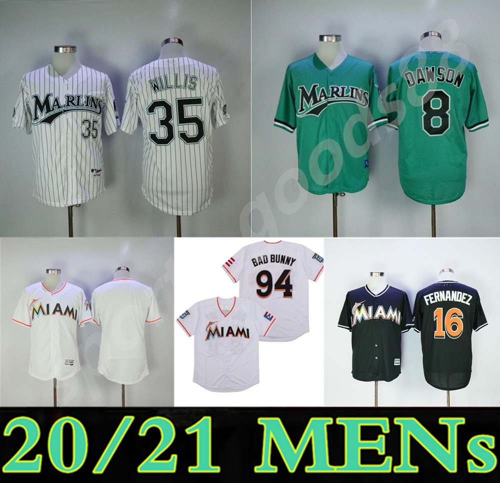 

Miami Florida Vintage 16 Jose Fernandez Jersey Retire 94 Bad Bunny With Puerto Rican Flag 35 Dontrelle Willis Andre Marlins Baseball Jerseys, Blue;black