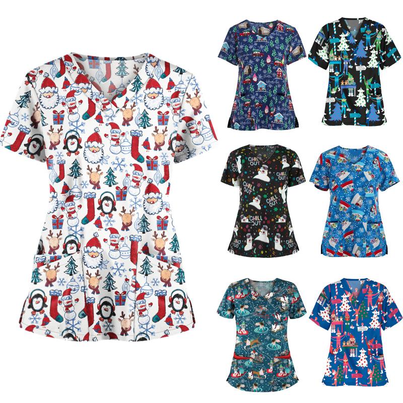 

Women's Blouses & Shirts Women Short Sleeve V-neck Tops Working Uniform Christmas Thanksgiving Blouse Uniforms Sleeved Pet Scrubs Costume #Y, White