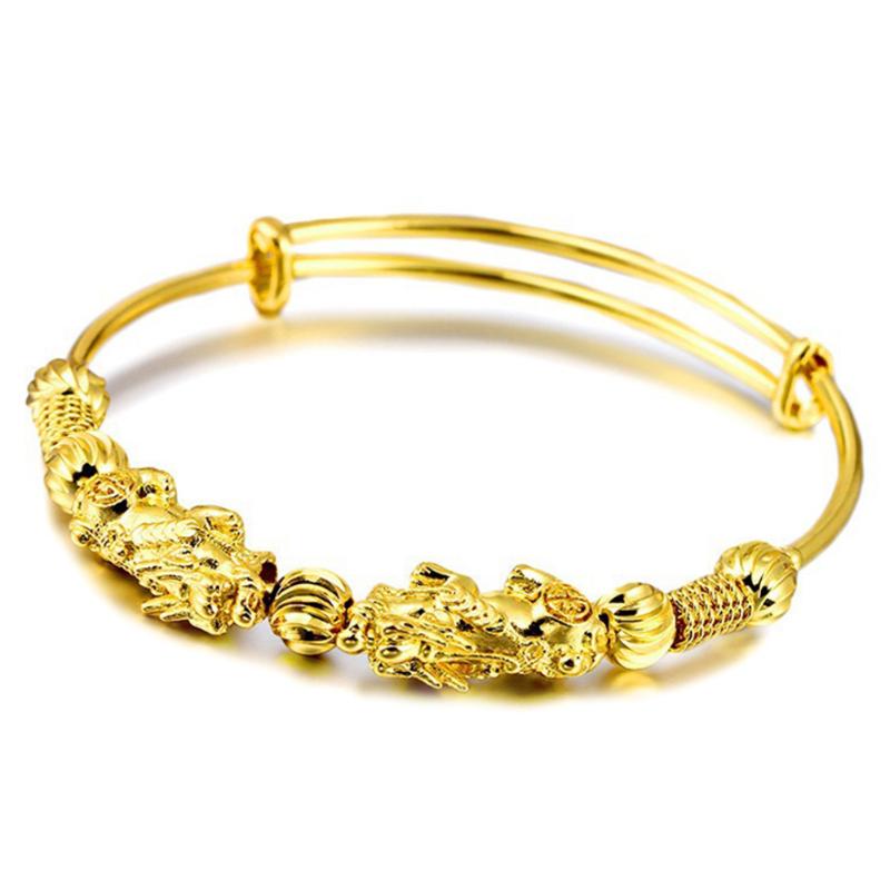 

Bangle Double Pixiu Golden Wealth Retro Ethnic Style Adjustable Unisex Wristband Gold Black And Good Luck