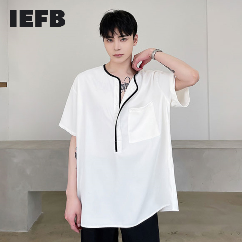 

IEFB Summer Contrast Color Patchwork Round Collar Pullover Shirts For Men Black White Causal Loose Short Sleeve Tops 9Y7004 210524