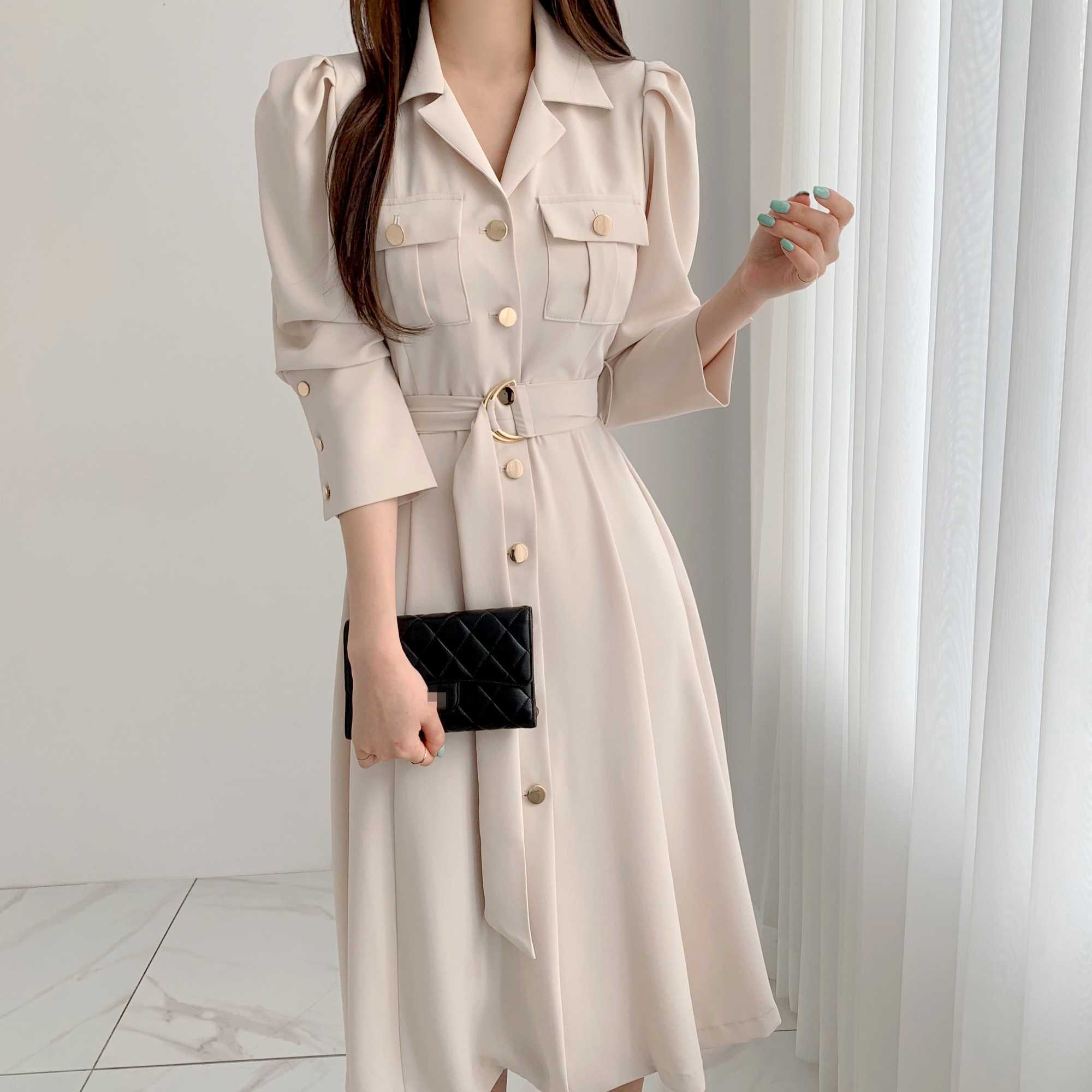 

Elegant Single-Breasted Lapel Women Midi Dress Fashion Long Sleeve Belted Slim Waist Female Workwear Vestidos 210526, Photo color
