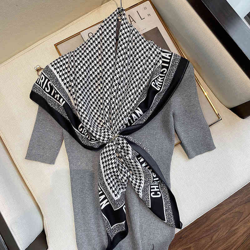 

high quality Summer decorative lengthened women's Japan and South Korea sweet geometric pattern plain printed silk scarf 90 square towel