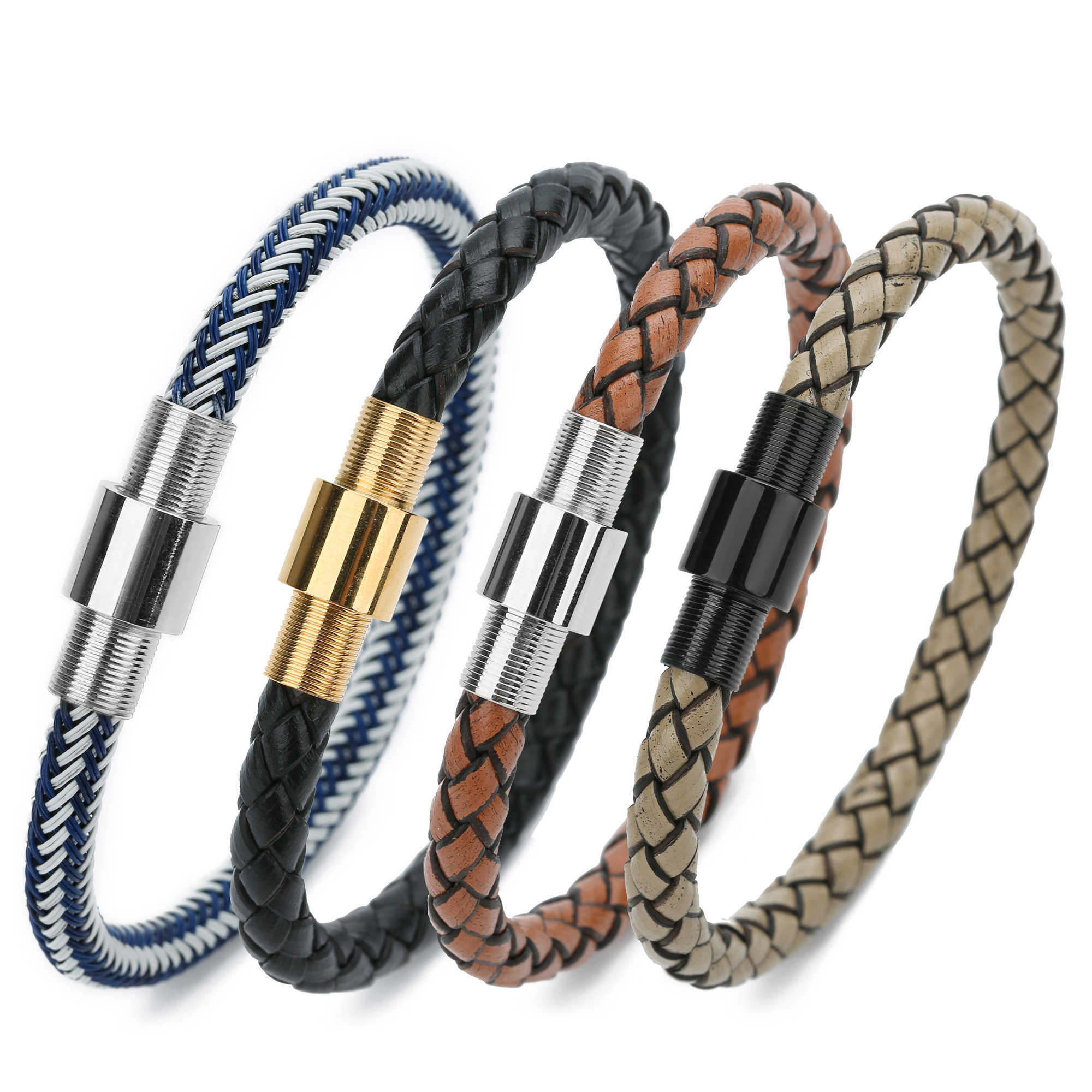 

Vintage Genuine Leather Magnetic Clasp Leather Bracelet Men Fashion Braided Handmade Star Rope Wrap Bracelets & Bangles Gifts Q0719