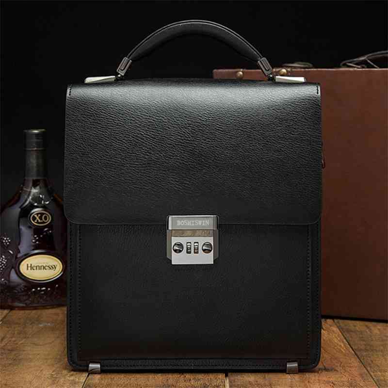 

New leather handbag Single Shoulder Messenger Bag vertical business men's bag cowhide code lock briefcase, Black