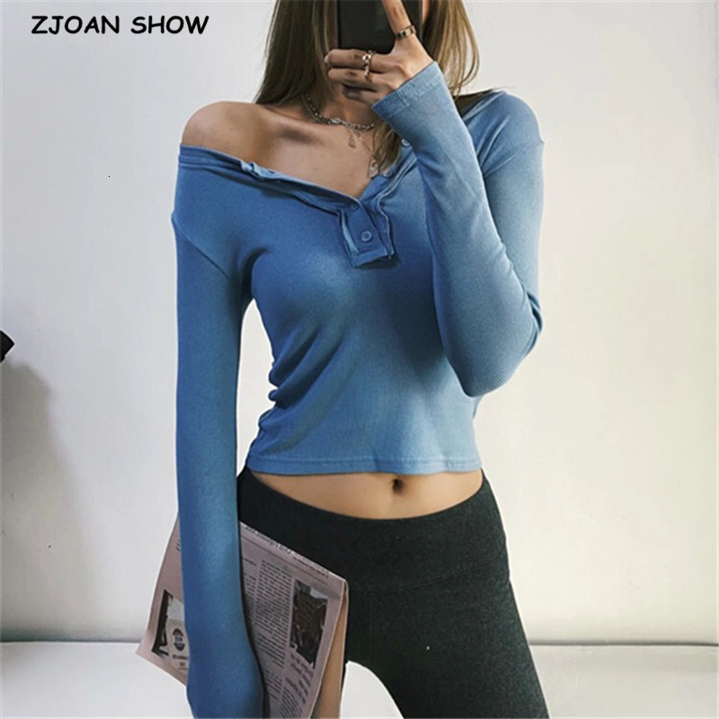 

Casual Dresses 2021 Spring ex-long Sleeve Open Button Round Collar Rib T-shirt Chic Woman Slim Fit t Basic Tee Tops 4 colors PNJU, Dark grey