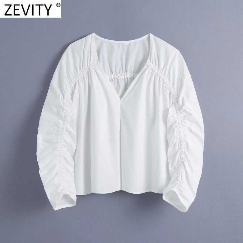 

ZEVITY Women V Neck Pleated Design Casual White Smock Blouse Female Three Quarter Sleeve Short Shirt Chic Blusas Tops LS9143 210603, As pic ls9143bb