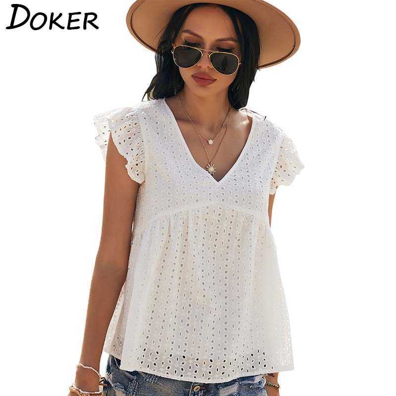 

Cotton Hollow Out Deep V Neck Ruffle Short Sleeve T Shirt Women Casual Loose Tops Female Beach Vacation Ladies Clothing 210604, Pink