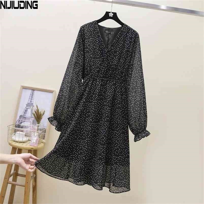 

NIJIUDING Autumn Latest High Waist V-neck Slimming Printed Mid-length Chiffon Dress Ladies Small Fresh Wild Plus Size 4XL 210701, Black