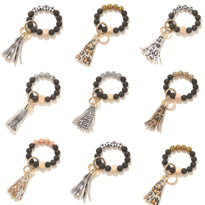 

Multiful Tassel Circle Wristlet Keychain Bangles Fashion Charm Jewelry Leopard printed wooden beads bracelet Key chain for Women Girls