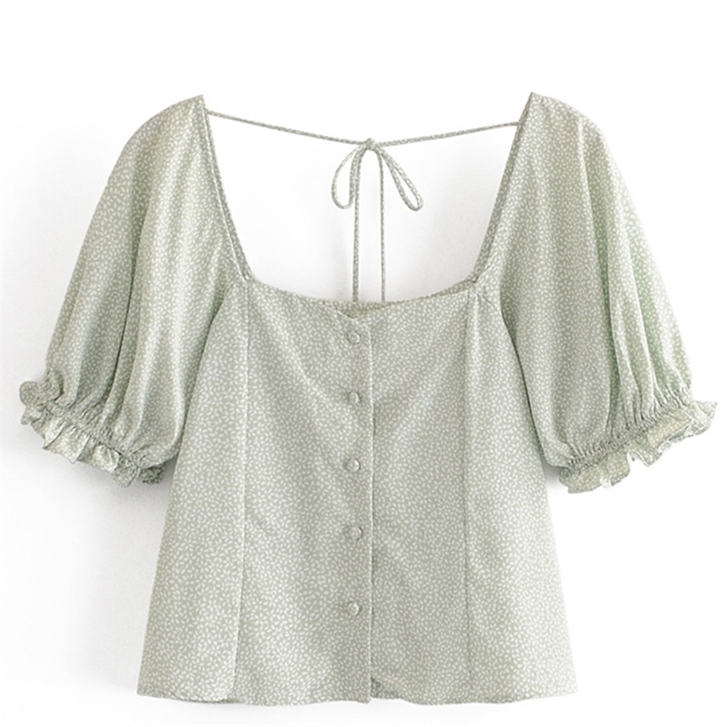 

Summer Women's T-shirt Puff Sleeve Square Neck Backless Floral Print Sexy Soft Tops Casual 210524, As the photo