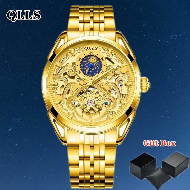 

Wristwatches Brand Automatic Mechanical Men's Watch Luxury Moon Phase Men Fashion Leather Strap Sports Tourbillon Watches Male Clock, Silver black steel