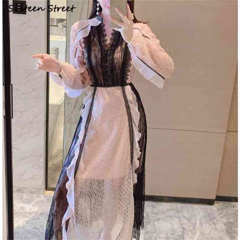 

PINK Sequined Dress Woman V-neck Lace Patchwork High Waist Vestido Clothing Spring Autumn Elegant Party Dresses Female 210603, Brown