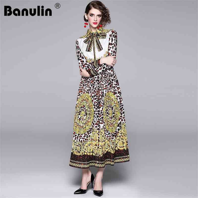 

Banulin Autumn Winter Women Leopard Dress Female Bow Tie Collar Long Sleeve Baroque Vintage Print Runway Maxi 210603, Brown