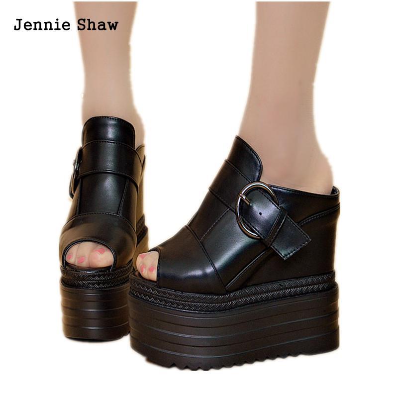 

Summer 14cm High Heel Night Club Sandals For Women Wedges Open Toe Thick Bottom Buckles Slippers, Black