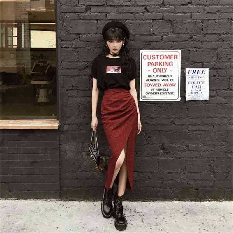 

Leixin original dark hard girl cool and handsome Red Plaid split high waist long skirt shows thin autumn 210708