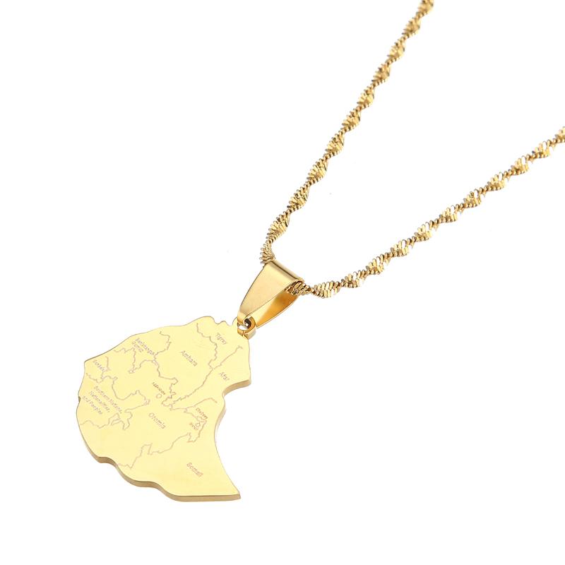 

Chains Gold Color Anniversaries Country Ethiopia Map Cities Pendant Necklaces For Women Men Ethiopian Jewelry Gift, Silver