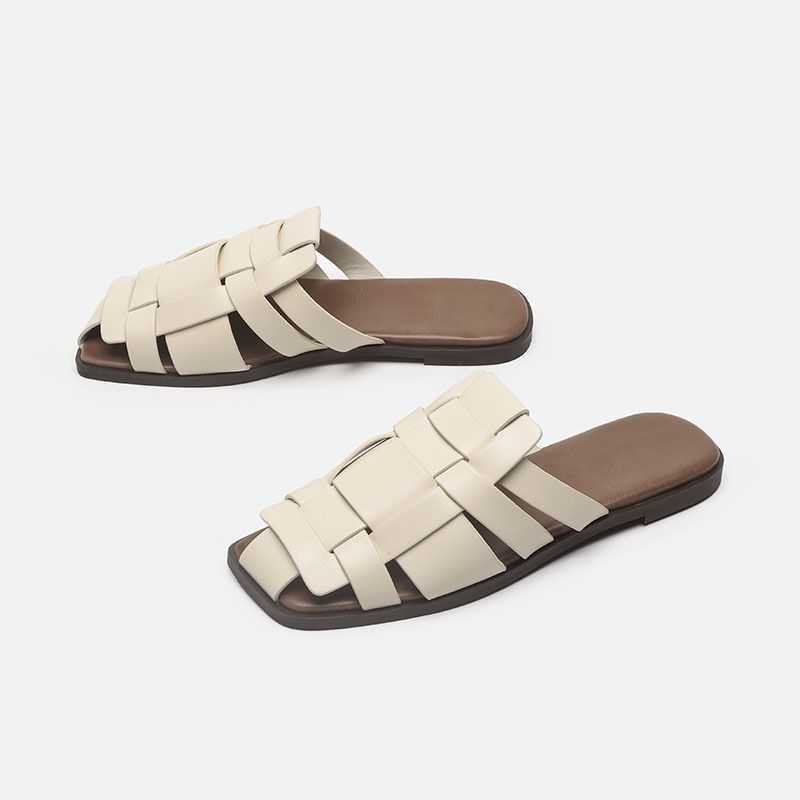 

Meotina Gladiator Slippers Shoes Women Flat Sandals Narrow Band Slides Square Toe Lady Footwear Summer Black Beige Fashion 210608