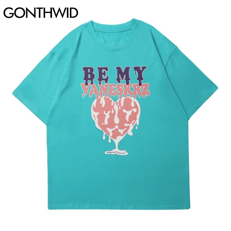 

T-Shirts Creative Melting Heart Print Streetwear Tshirts Hip Hop Harajuku Casual Cotton Tees Summer Short Sleeve Tops 210602, Black