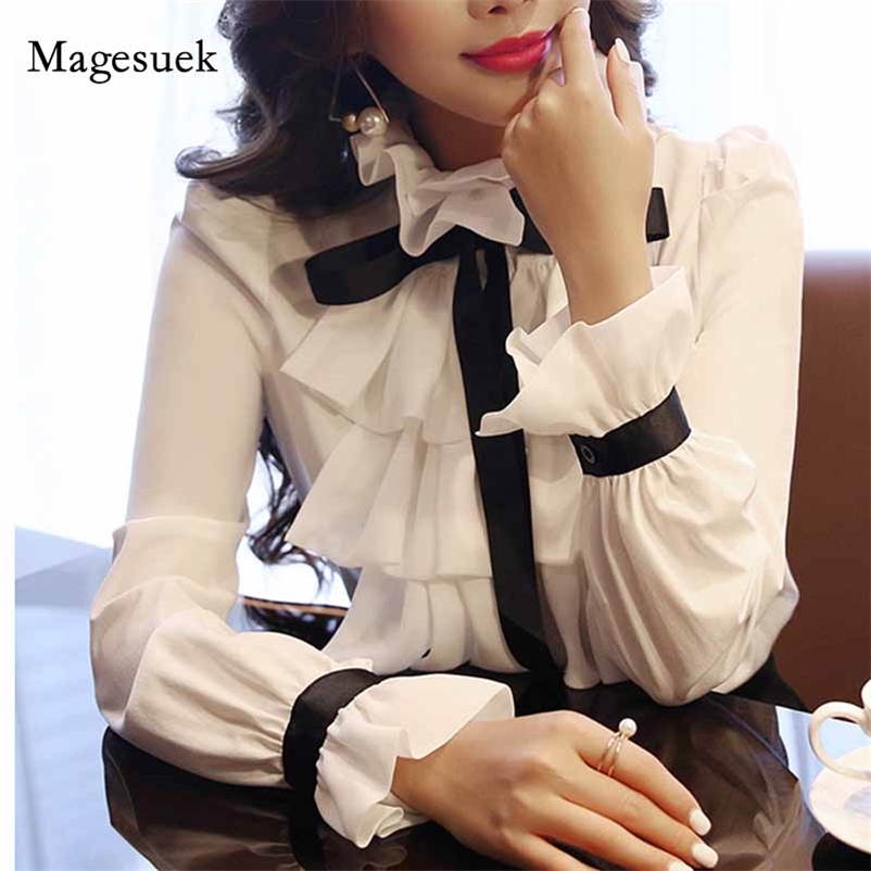 

Flare Long Sleeve Bow White Ladies Office Cardigan Ruffle Women Blouse Autumn Chiffon Solid Shirt Clothing 11101 210518