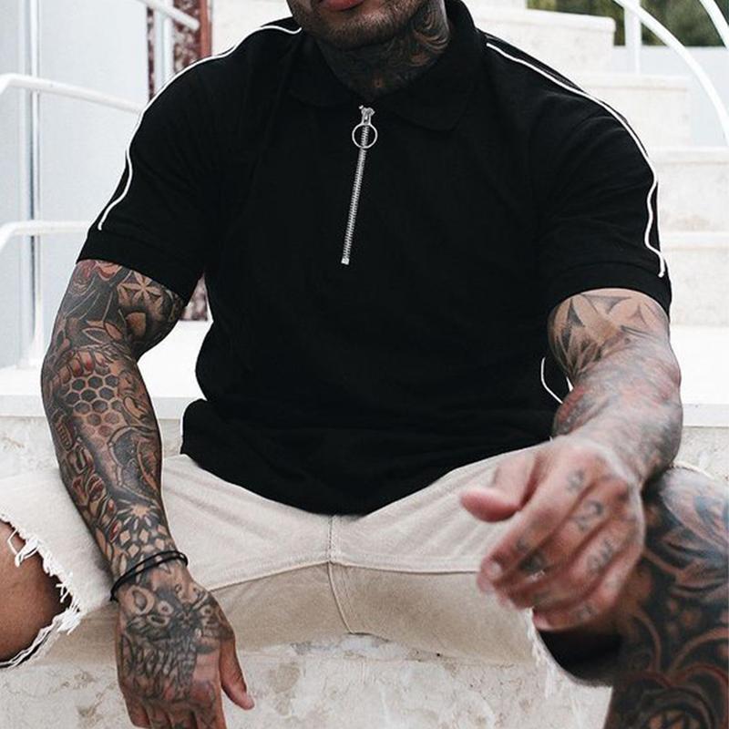 

Men' Polos 2021 Casual Summer Mens Short Sleeve Zipper Lapel T Shirt For Fashion Men Shirts Clothes Harajuku Streetwear, 02 black