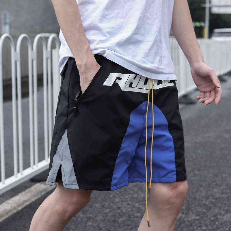 

Rhu Color Block Reflective Stitching Printed Shorts Men' Mesh Drawstring Sport Capris, Black