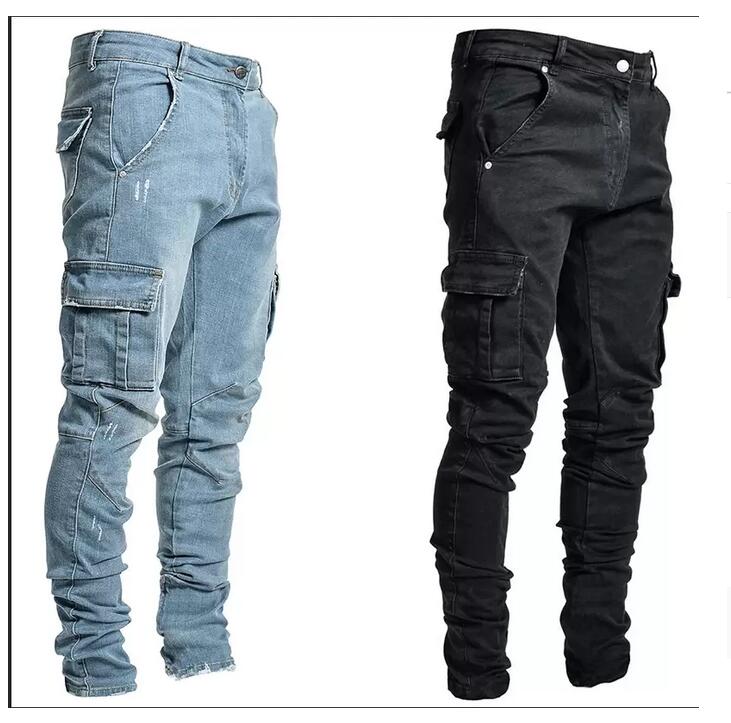 

Jeans Male Pants Casual Cotton Denim Trousers Multi Pocket Cargo Men Fashion Style Pencil Side Pockets, Black