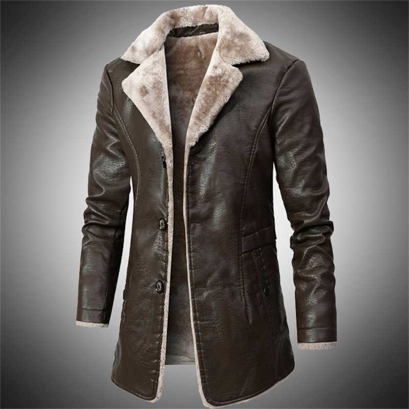

Winter Mens Leather Jacket Bussiness Thick Warm Long Style Male Fur Lined Turn Down Collar Casual PU Coats Outwear Plus Size 4XL 211110, Kh80818coffee
