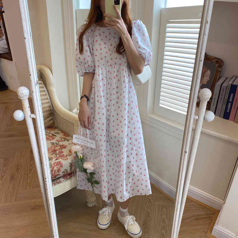 

2020 New Summer Vintage Floral Long Dress Korean Style Elegant Loose Puff Sleeve Party Beach Dresses Female Vestidos, Black;gray