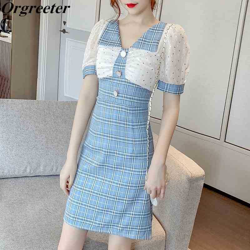 

Chiffon Patchwork Plaid Women Korean Ol Work Wear Dress Summer Sequined Deco Lapel Short Sleeve Slim Mini 210525, Blue