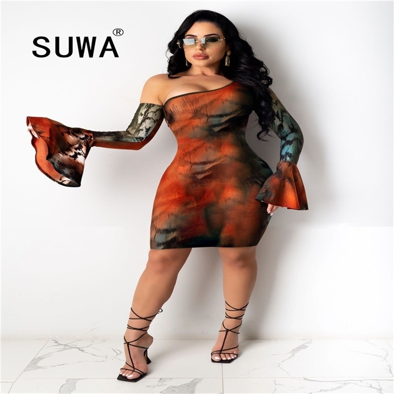 

Print Elegant Long Sleeve Dress Women Evening Party Night es Sexy Off Shoulder Bodycon Slim Mini Free 210525, Multi